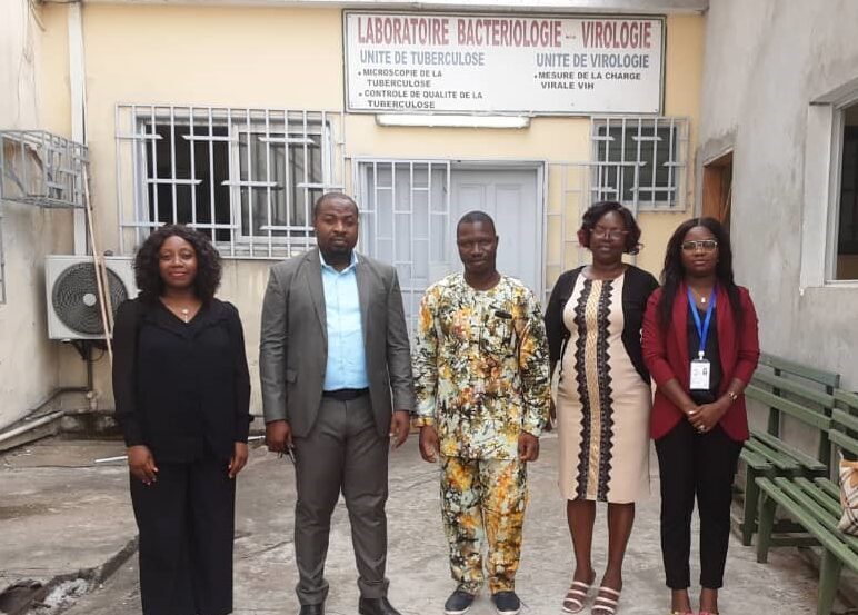 Visiting the LNSP (L-R) Dr Krystina (ASLM), Dr Mintsa (DG of LNSP) KI-ZERBO Charles (ASLM/LabCoP), Mrs M’Pirah (Team Lead ), Mrs Gylva (LNSP Quality Manager)