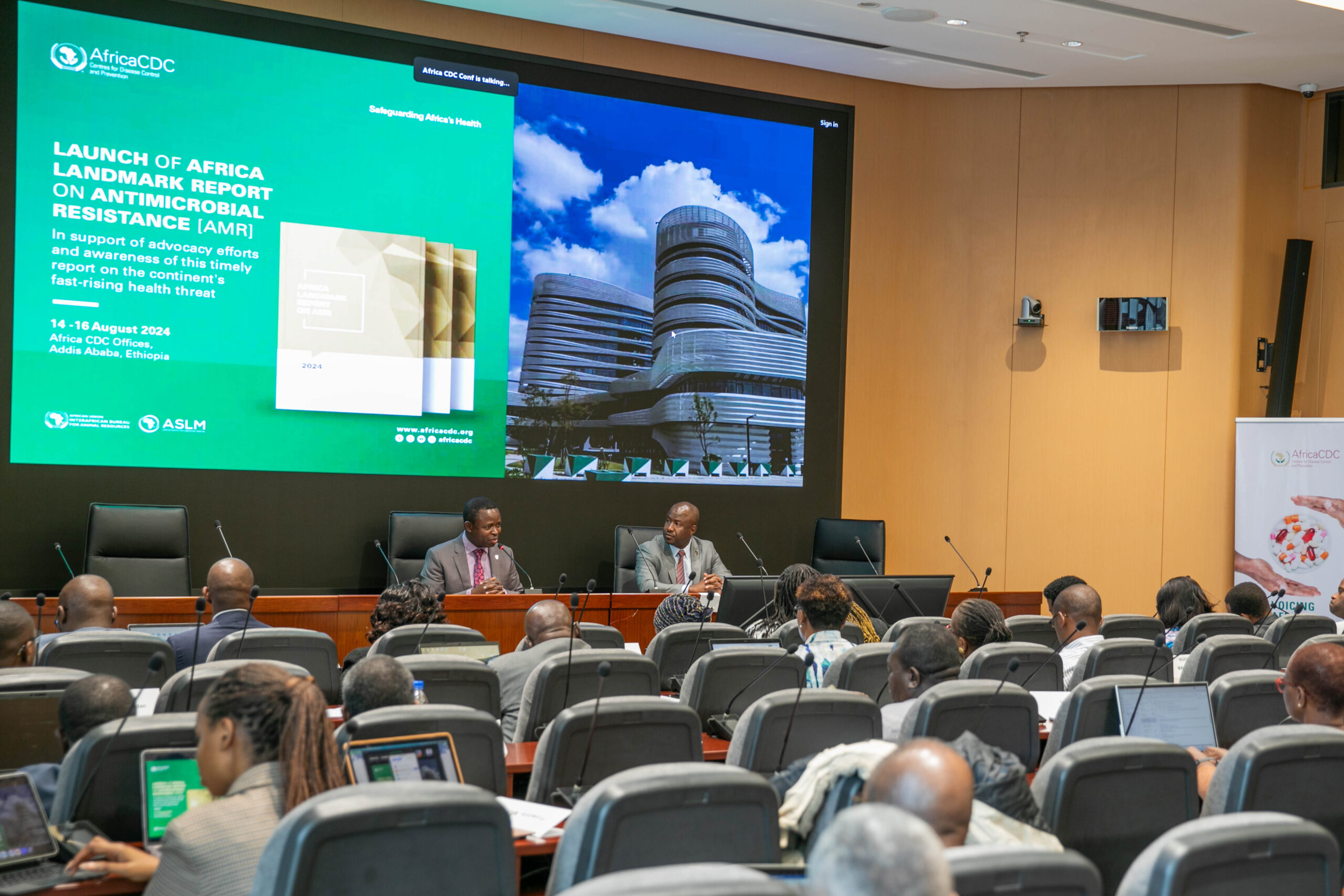 Dr. Raji Tajudeen officiates the opening of the unveiling of the AMR Landmark Report at Africa CDC headquarters