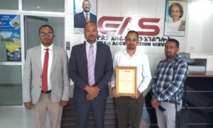 From L to R: Mr Adisu Kebede, Program Manager, ASLM; Mr Bonsa Bayissa, Director, EAS-Ethiopia; Dr Solan Bekele, CEO, Metu Karl Hospital; Mr Berhna Moges, Mentor, EPHI at the accreditation 